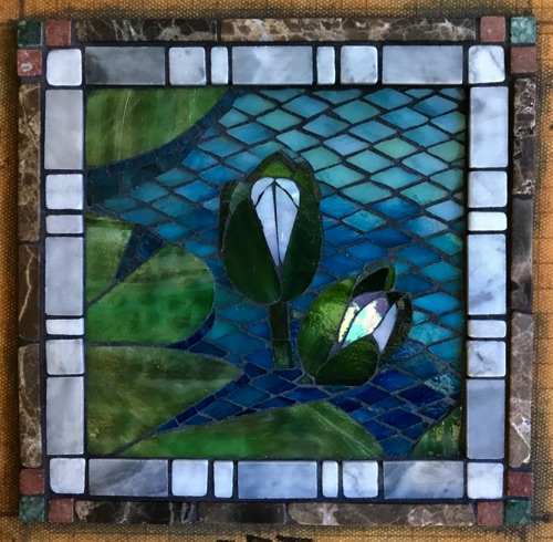 Lily Buds; 8" x 8"; stained glass, marble; kitchen wall inset, private home